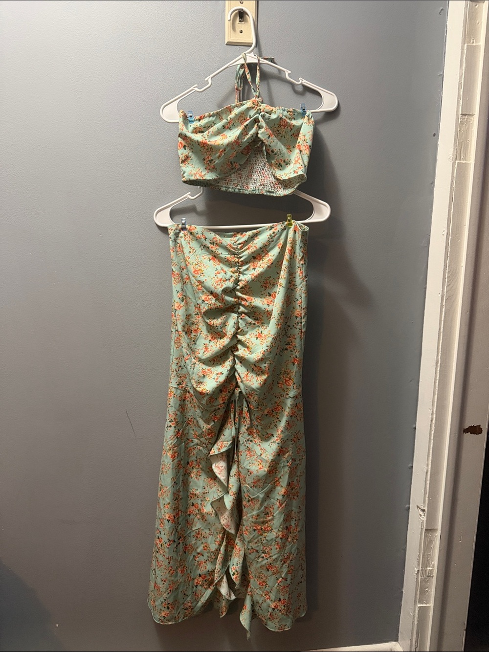 SHEIN Mint Green Floral Ruched Halter Top & Maxi Skirt Set